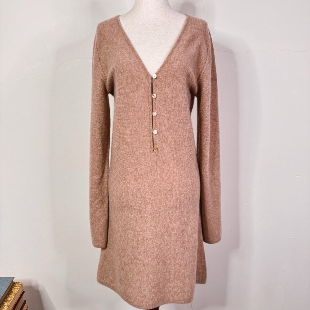 Naadam 100% Cashmere Mini Sweater Dress Sand Beige Size L NWT Button Minimalist